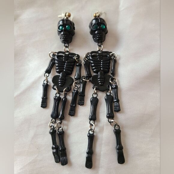 Spooky Statement Black with Green Eyes Dangling 4" Skeleton Earrings - Picture 2 of 6
